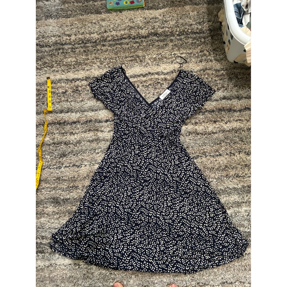 Navy Blue White Leaf Print V-Neck Fit & Flare Dress Women M